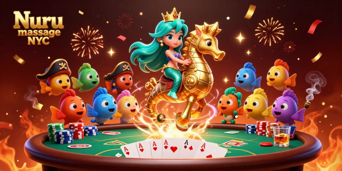 Nuru massage NYC promotions with vibrant casino elements celebrating luxury and excitement.