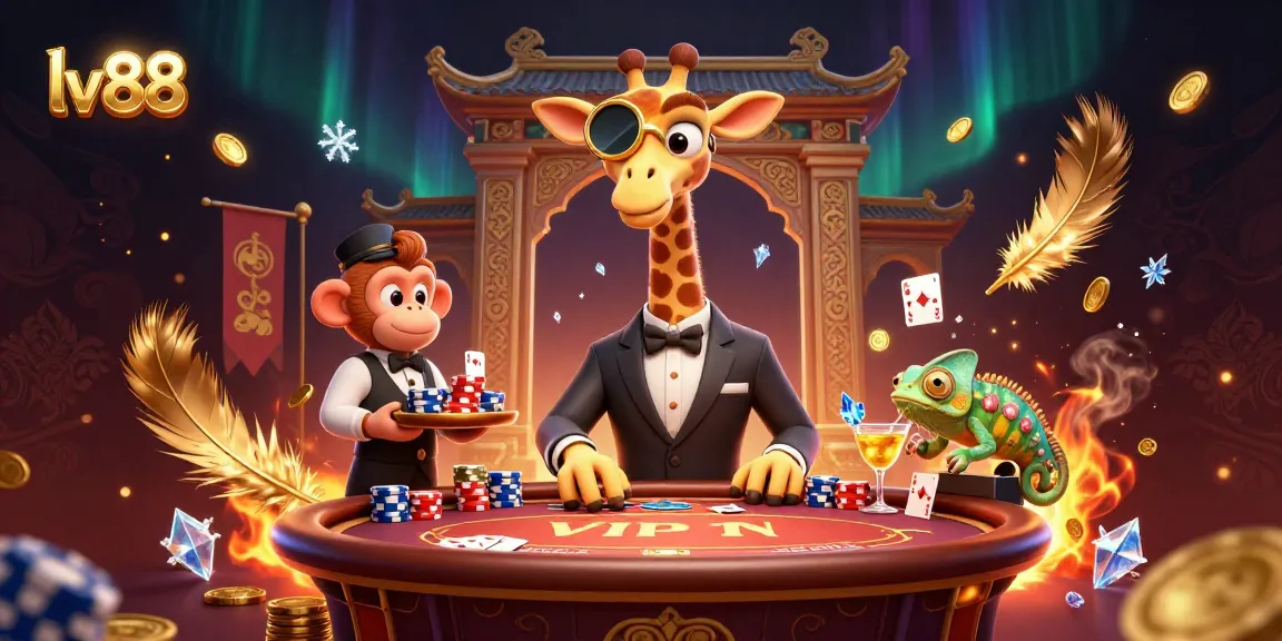 Experience the excitement of lv88 with a high-roller giraffe at a VIP poker table surrounded by dynamic casino elements.