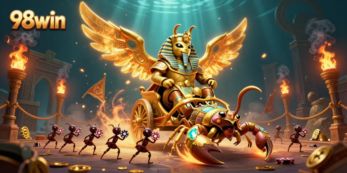 Experience thrilling adventures with 98win in this dynamic casino scene featuring golden scarabs and poker chips.