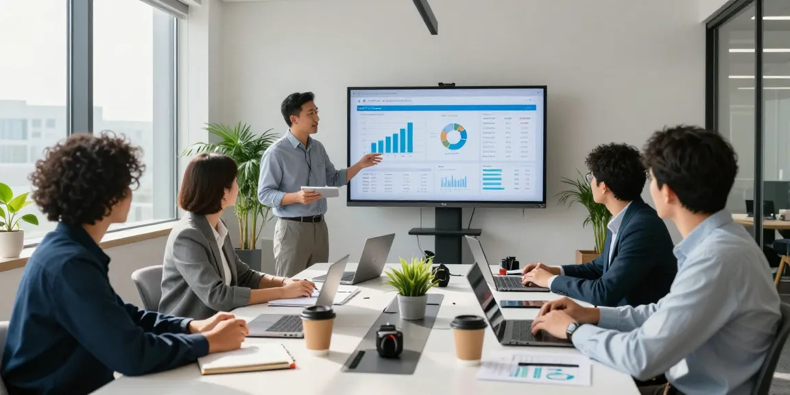 Team collaborating on call centre software solutions in a modern office, highlighting data analytics and teamwork.