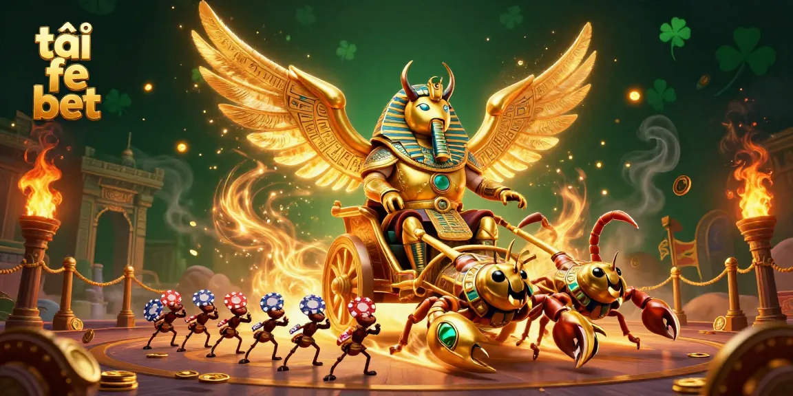 Experience thrilling gameplay with tải fe bet, featuring a grand scarab beetle and scorpions in an ancient arena.