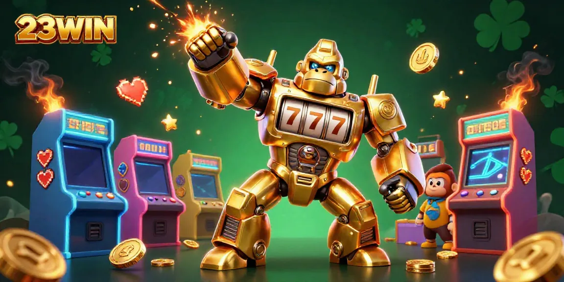 Feel the thrill with 23WIN's exciting gaming adventure featuring a golden gorilla mech and gaming elements.