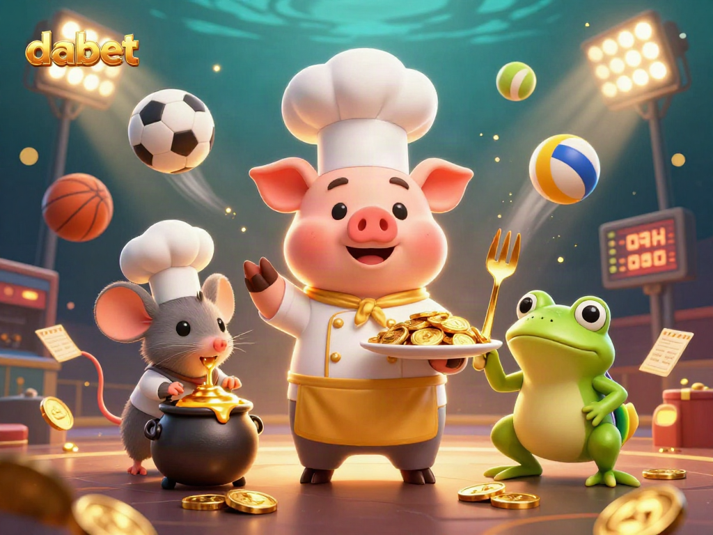 Dabet showcases a vibrant 3D scene with a chef pig serving gold coins amidst flying sports balls, highlighting dynamic gambling elements.