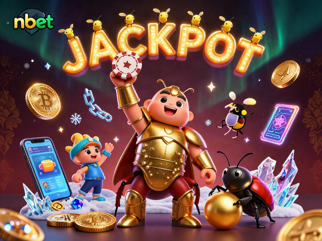Win big with nbet while enjoying an electric 3D casino scene of vibrant characters and crypto elements.
