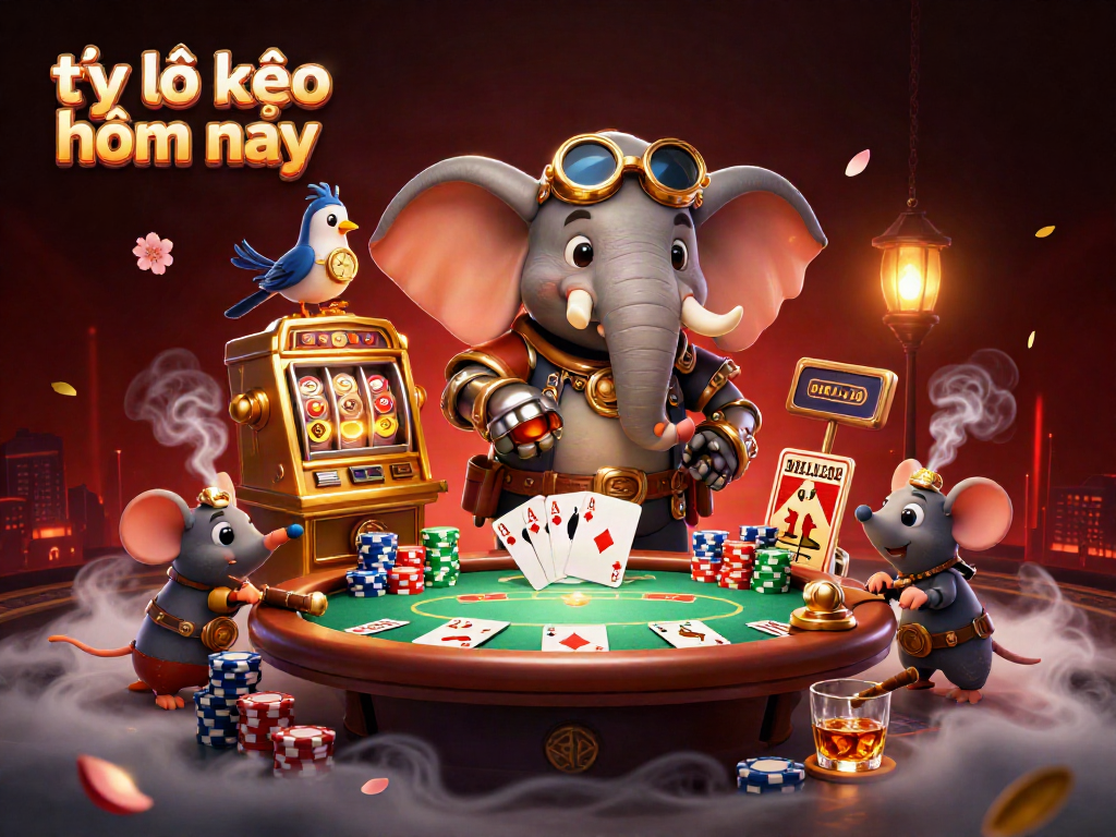Engage with our thrilling tỷ lệ kèo hôm nay illustration showcasing a dynamic elephant engineer operating a golden slot machine surrounded by vibrant poker elements.