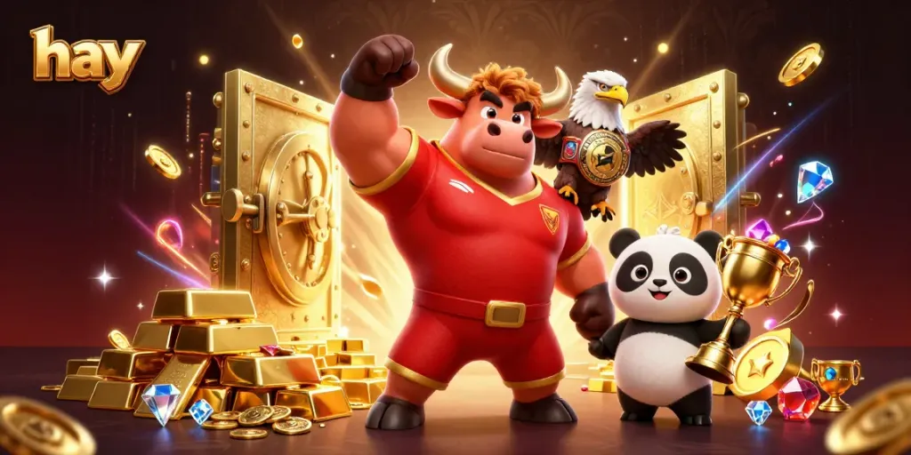 Win big at the casino with hay-themed characters celebrating wealth and trophies.