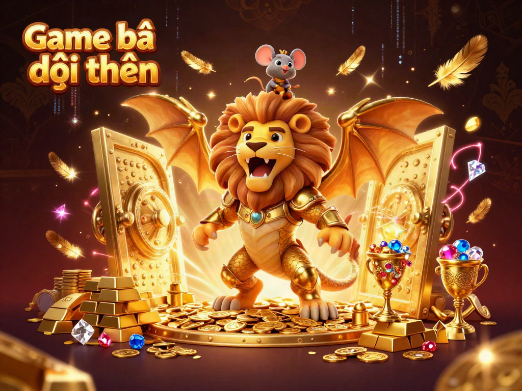 Experience the thrill of Game bài đổi thưởng with golden treasures and dynamic characters in an enchanting casino setting.