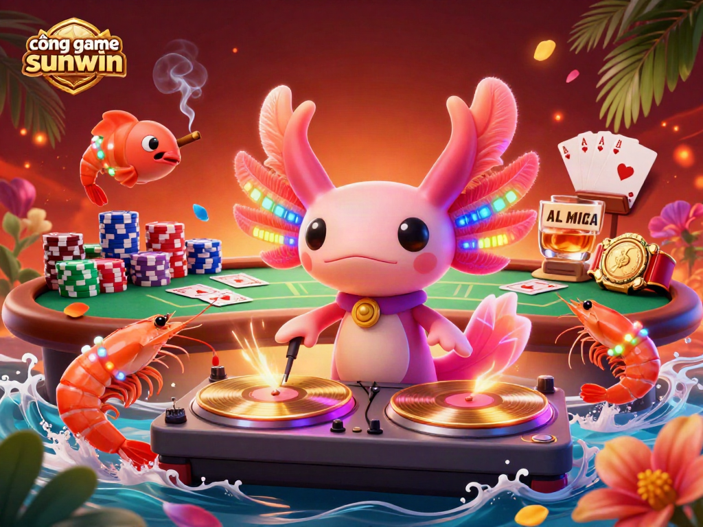 Dive into the vibrant world of cổng game sunwin, featuring a neon-colored axolotl DJ and gambling elements like poker chips and cards amid an energetic casino scene.