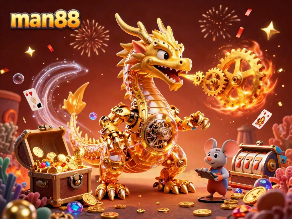Experience man88 excitement with a golden dragon breathing gears surrounded by treasure in an engaging casino scene.