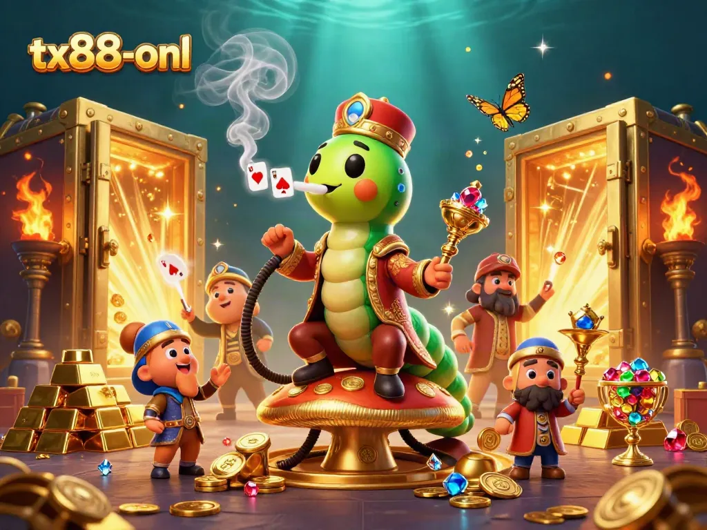 Engage with tx88-onl's exciting casino adventure featuring vibrant characters and gold treasures in a dazzling illustration.