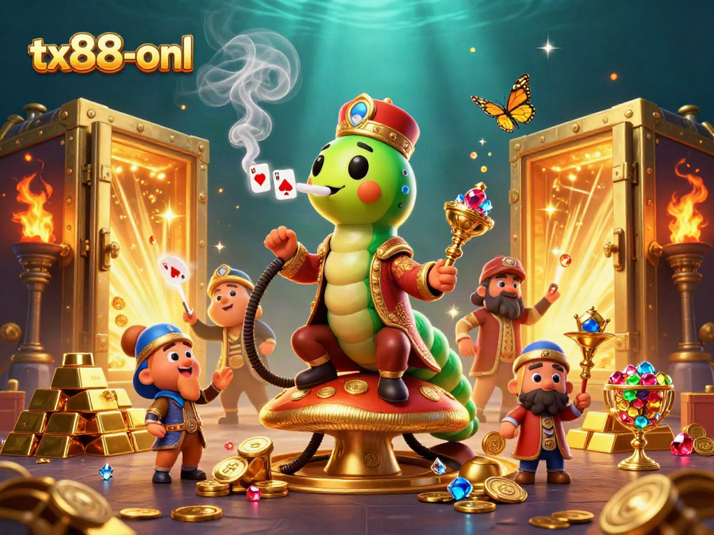 Engage with tx88-onl's exciting casino adventure featuring vibrant characters and gold treasures in a dazzling illustration.