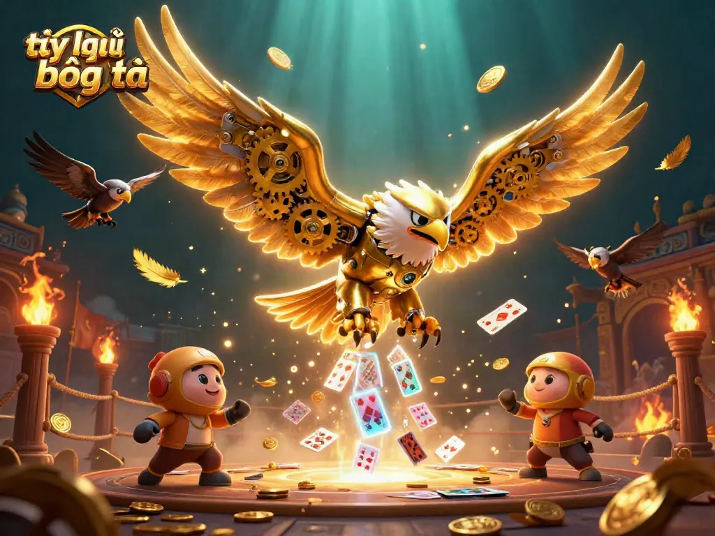 Engage in thrilling tỷ lệ bóng đá with a golden eagle diving through holographic cards.