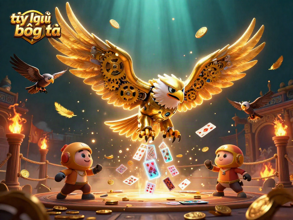 Engage in thrilling tỷ lệ bóng đá with a golden eagle diving through holographic cards.