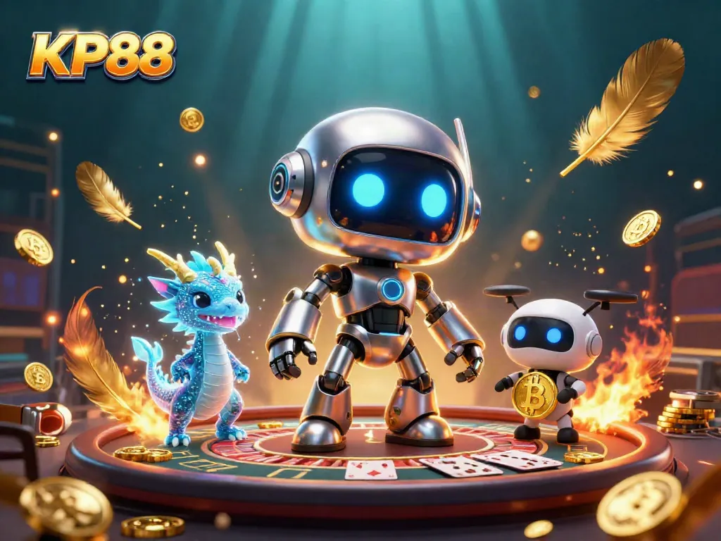 KP88 live casino 3D illustration featuring a robot mascot, holographic dragon, and bitcoin drone.