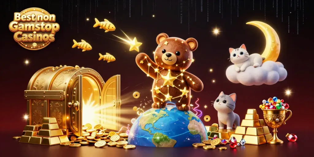 Explore the magical world of Best non Gamstop Casinos with a colorful, vibrant 3D illustration.