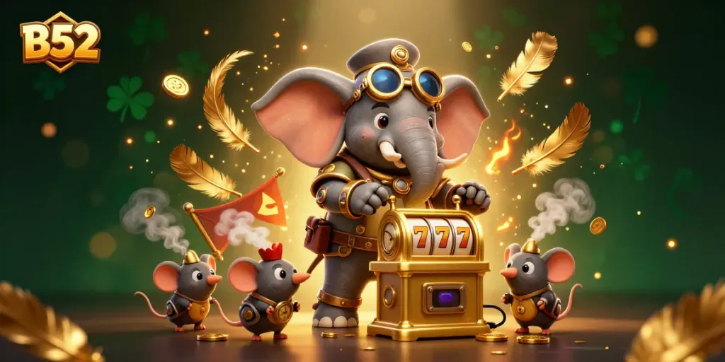 Play thrilling games at B52 with a steampunk elephant engineer and golden slot machines.
