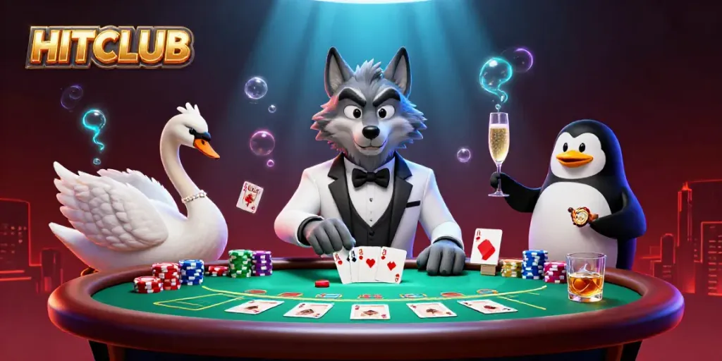 Experience exciting gameplay at HITCLUB with a lively casino scene featuring poker elements and vibrant characters.