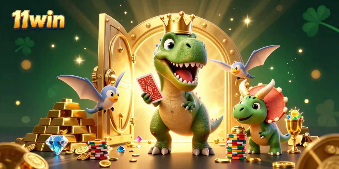 11win gaming scene showcases a T-Rex and friends amidst gold and jewels in a vibrant casino atmosphere.