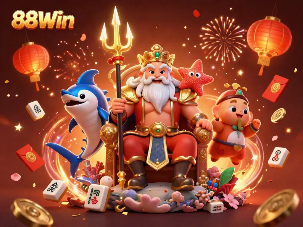 Experience the excitement at 88Win with Neptune, samurai, and treasure celebrating in a vivid casino scene.