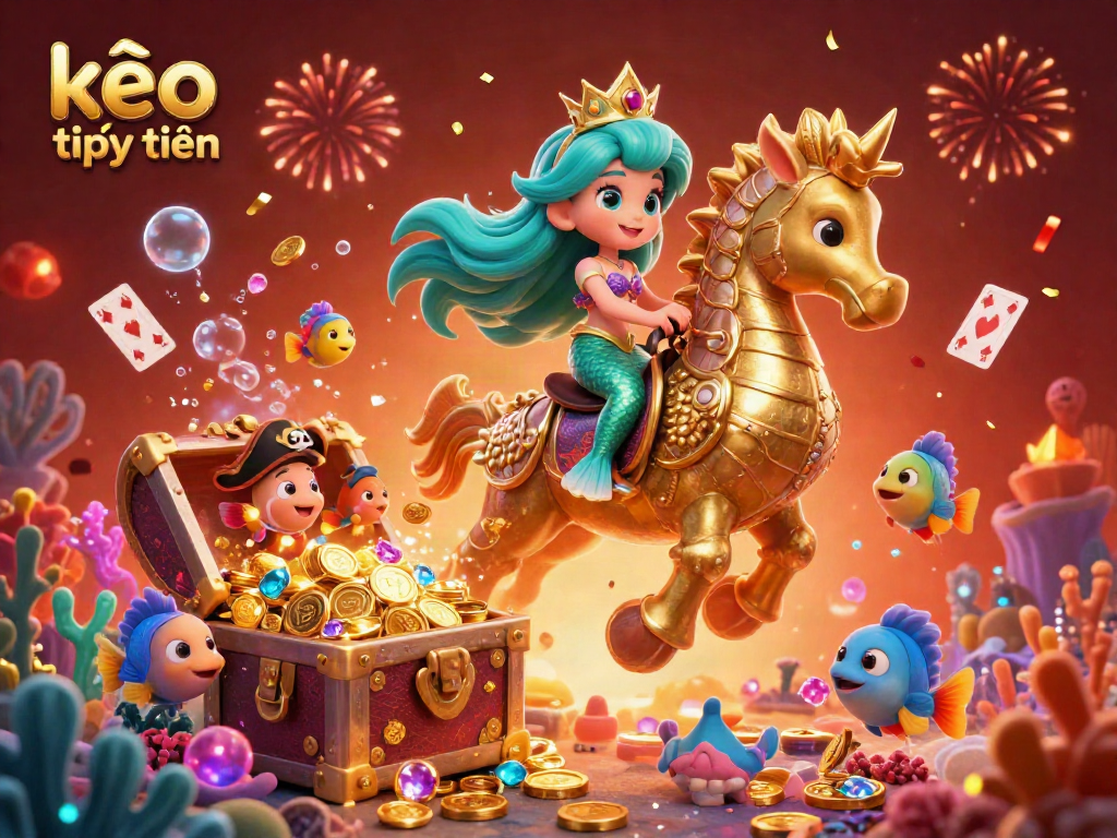 Experience the excitement of kèo trực tuyến with a vibrant 3D illustration featuring a mermaid princess and seahorse in an underwater casino world.