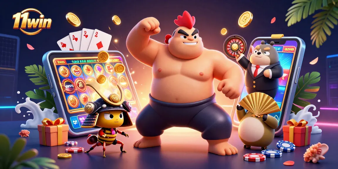Engage with 11win's thrilling slots as a sumo rooster stomps and coins fly in a vibrant scene.