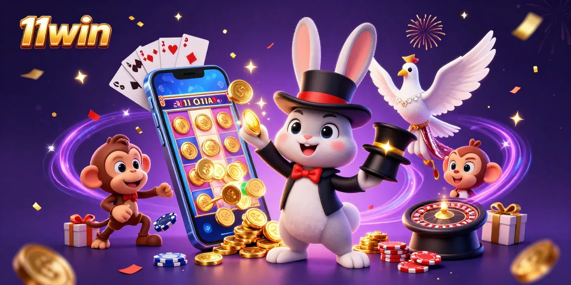 Engage in thrilling slots with 11win as a magician rabbit pulls golden coins and poker chips.