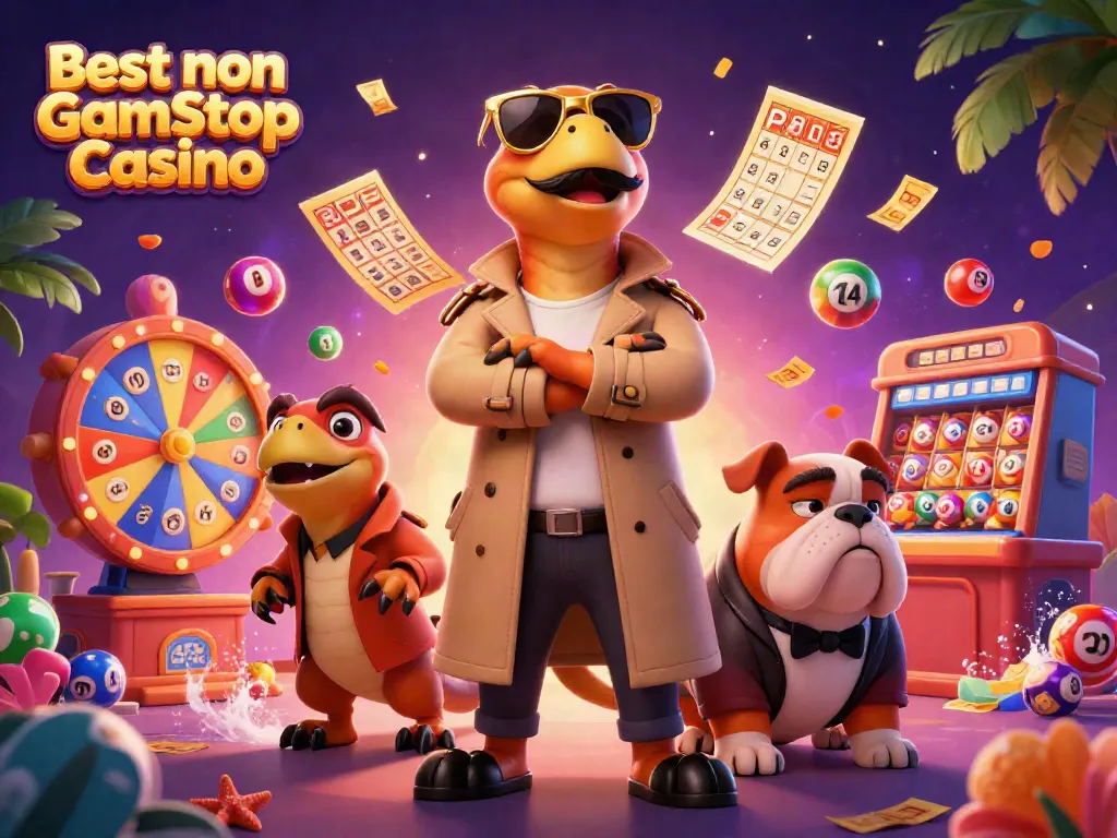 Experience the thrill at the Best non Gamstop Casino with playful raptors and a bouncer in vibrant 3D art.
