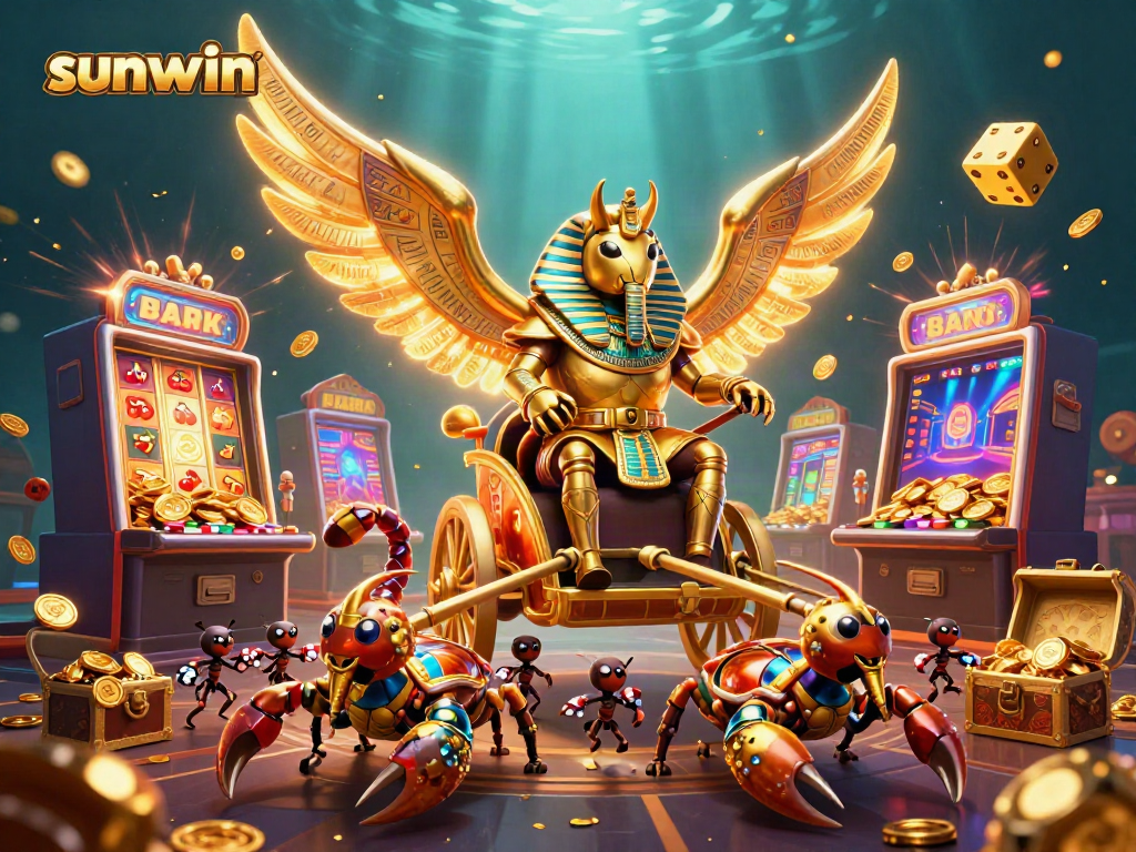 Experience sunwin's thrilling atmosphere with a stunning illustration of a golden scarab beetle and casino elements.