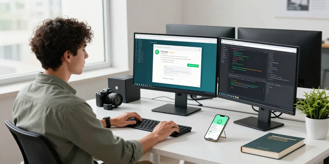 WhatsApp下載 on multiple screens in a modern office workspace