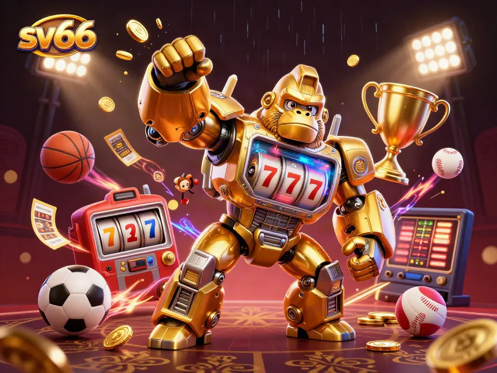 Experience thrilling gameplay at sv66 with a captivating 3D scene featuring a golden gorilla mech and dynamic sports elements.