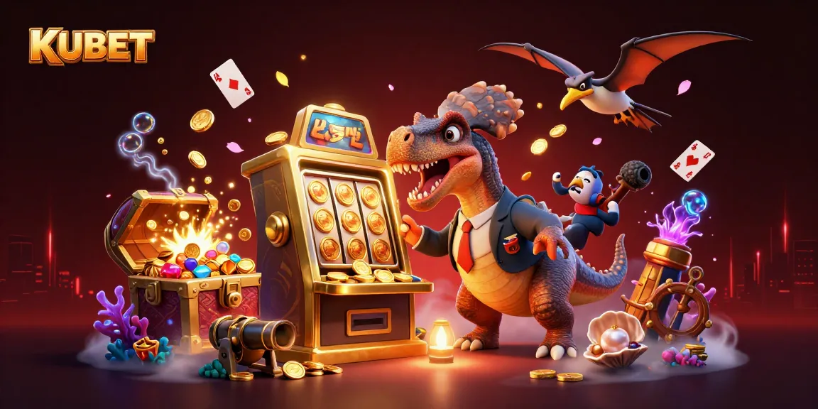 KUBET slots-themed illustration showing a pachycephalosaurus interacting with a golden slot machine.
