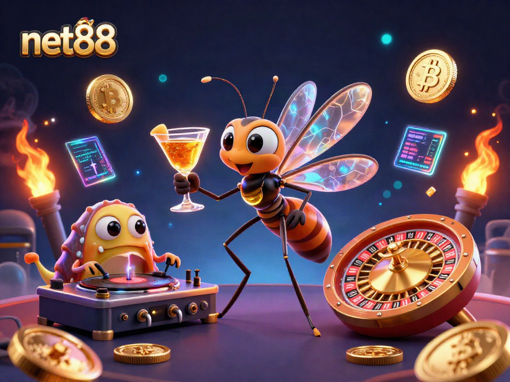 Engage with net88 as a vibrant casino scene featuring unique characters and glowing elements.