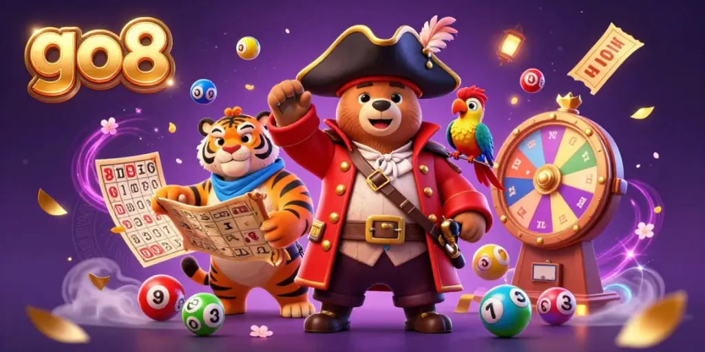 Engage in thrilling jackpot excitement at go8 with vibrant lottery elements and 3D cartoon characters.