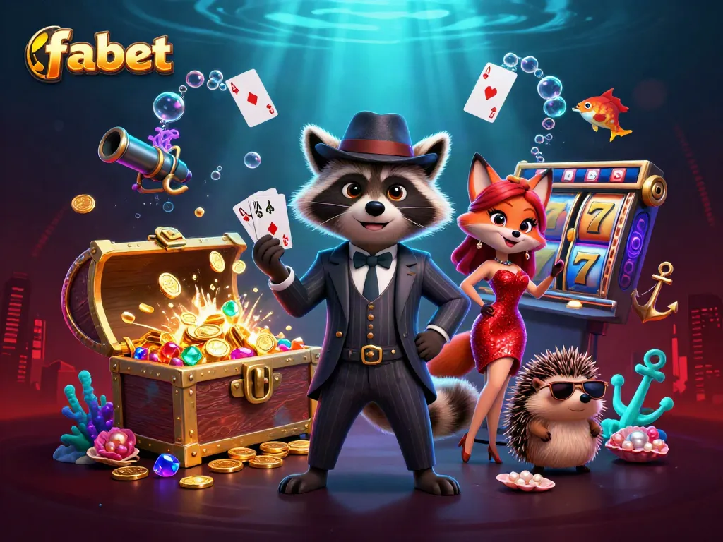 Experience thrilling gambling with fabet, featuring a suave raccoon, charming fox, and hedgehog bouncer amidst stunning casino elements.