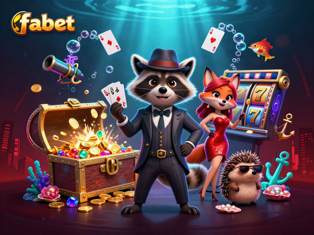 Experience thrilling gambling with fabet, featuring a suave raccoon, charming fox, and hedgehog bouncer amidst stunning casino elements.