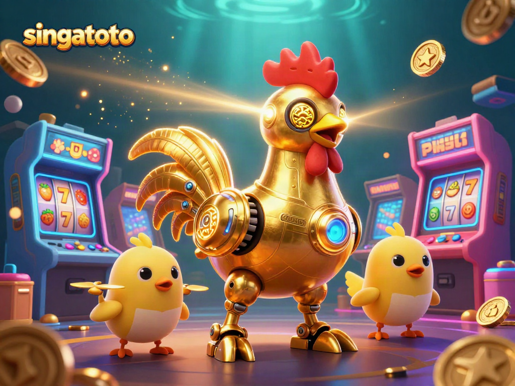 Engage with singatoto's vibrant casino atmosphere featuring a golden rooster robot and baby chick drones.
