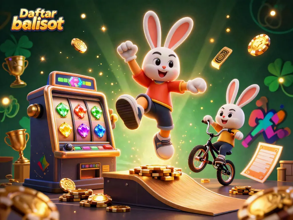 Engaging scene of "Daftar balisot" featuring a slot machine character in action among casino elements and vibrant graphics.