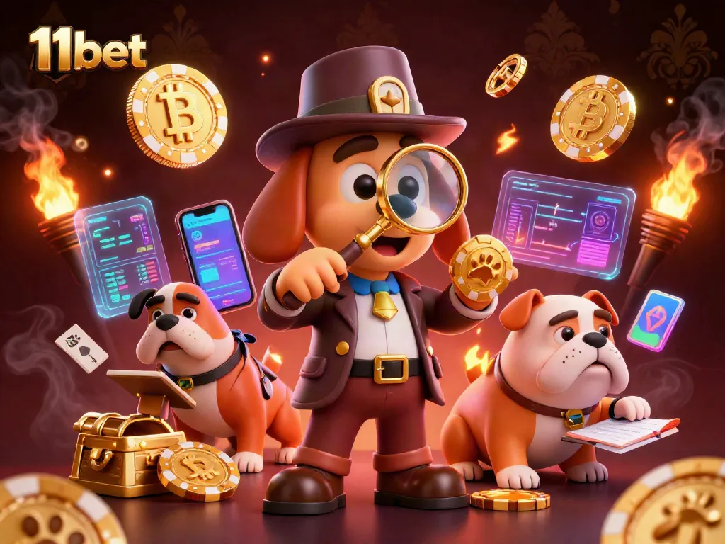 Engage in thrilling gaming at 11bet with a 3D detective illustration featuring poker clues and crypto elements.