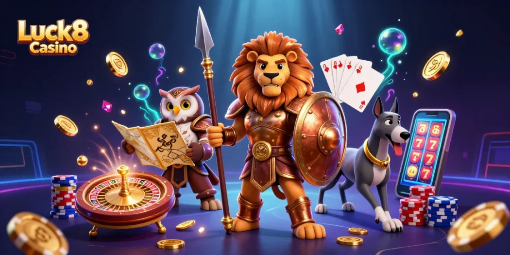 Experience the thrill at Luck8 Casino with vibrant characters and dynamic gaming elements.