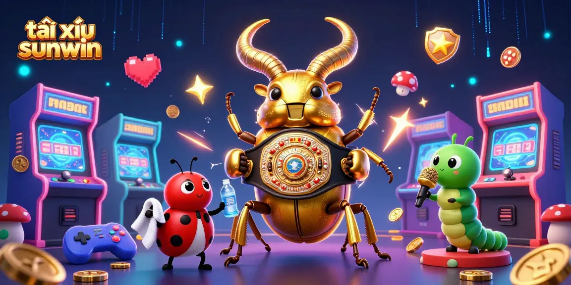 Engaging scene showcasing tài xỉu sunwin with a golden beetle champion and gaming elements.