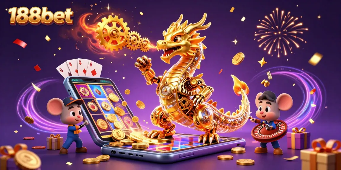 Play exciting games at 188bet with vibrant illustrations featuring a golden dragon and thrilling slot gameplay.