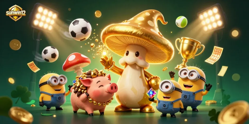 Experience the magic of sunwin12 with a vibrant 3D casino scene featuring a golden wizard and dynamic sports elements.