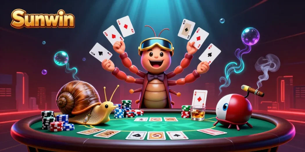 Experience thrilling gaming action at Sunwin with a vibrant casino illustration of diverse characters.