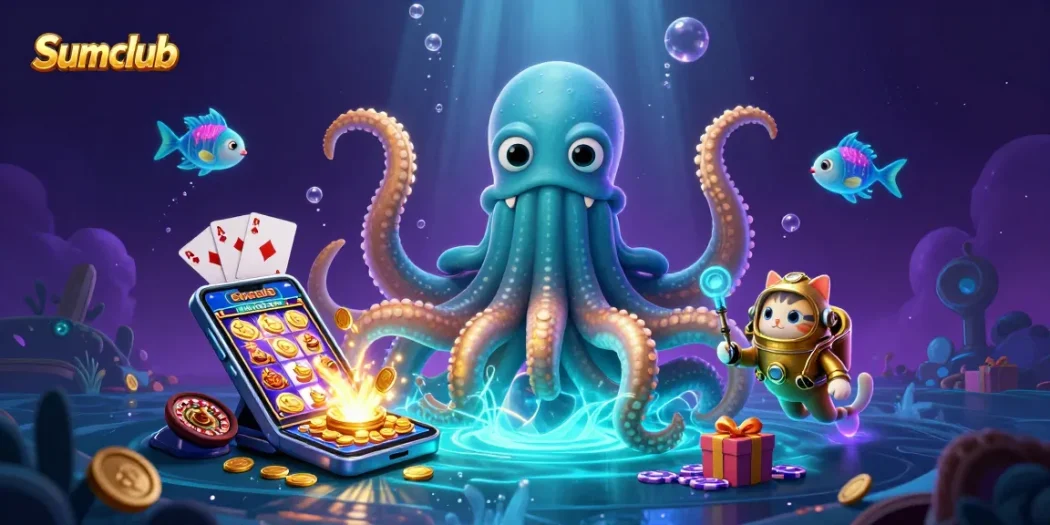 Engage in thrilling gameplay at Sumclub with vibrant slot games and a mythical kraken backdrop.