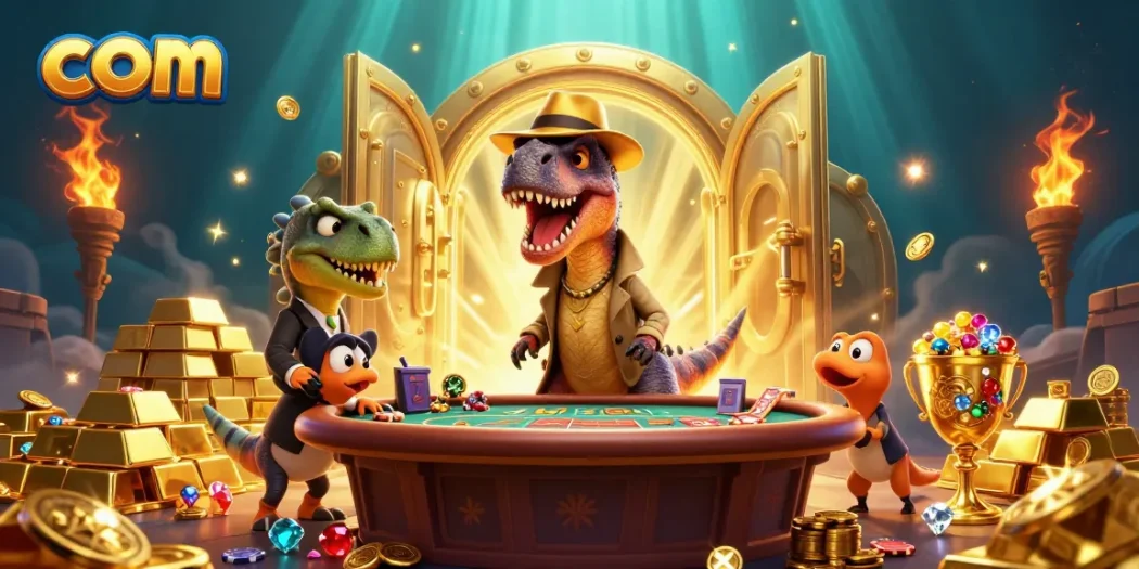 Win big with com's vibrant casino scene featuring cartoon dinosaurs at a blackjack table.