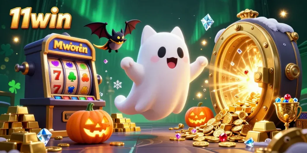 Engage with 11win's vibrant haunted casino scene featuring a ghost cat, dynamic slot symbols, and gold treasures.