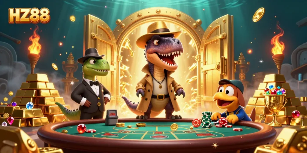 Experience thrilling moments at HZ88 with a velociraptor casino scene filled with excitement and gold.