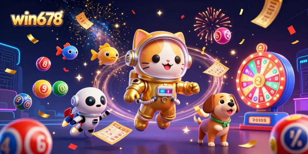 Experience thrilling wins with win678 as astronaut cat and robot dog explore a cosmic prize world!