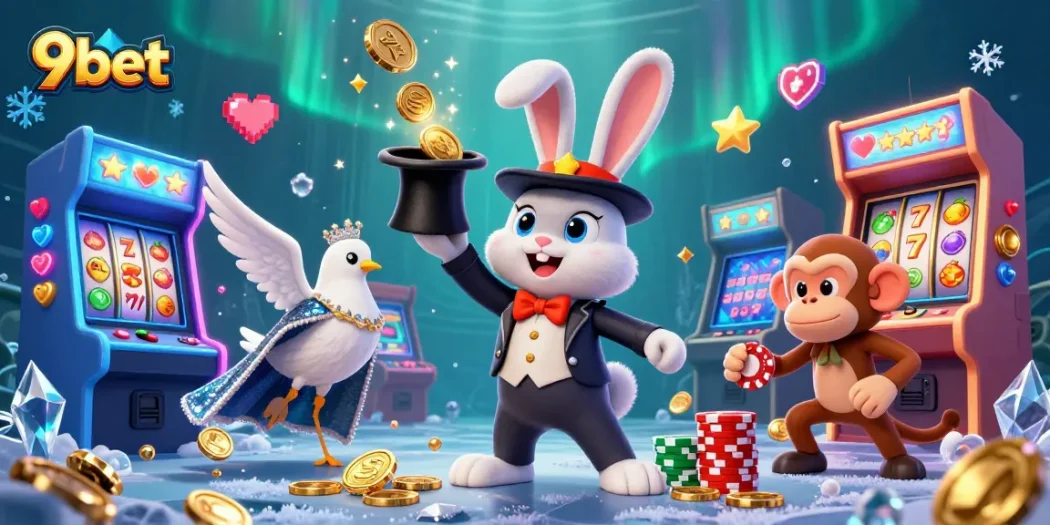 Win big with 9bet as a magician rabbit pulls golden coins in a vibrant casino scene.