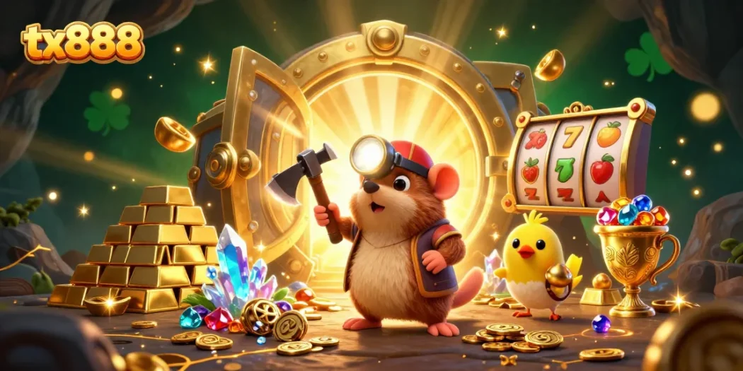 Get lucky with tx888 as a treasure hunter mole mines golden riches in this dynamic 3D illustration.